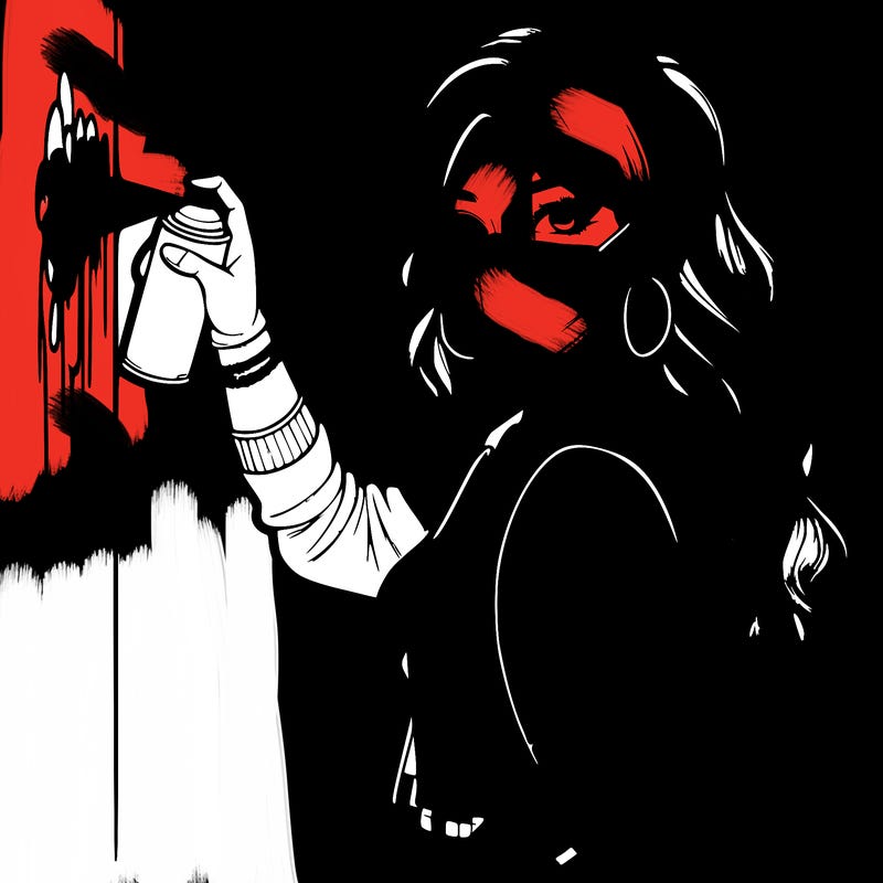 realistic girl with mask spray painting a wall