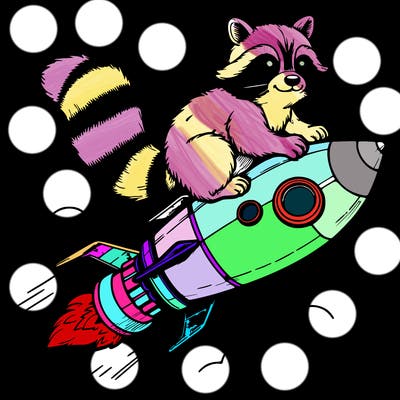 realistic raccoon flying on top rocket ship