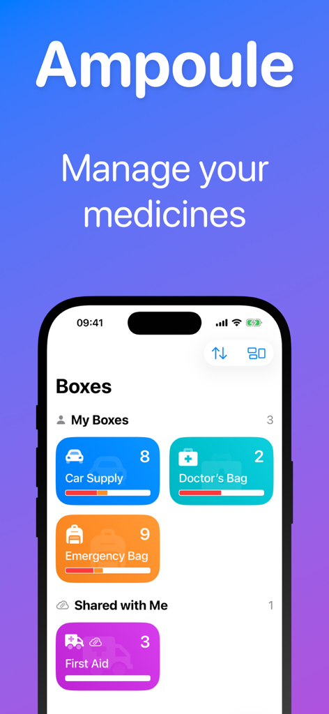 Ampoule - Medical Inventory - Ampoule app home screen showing categorized medicine inventory boxes like Car Supply and Doctors Bag