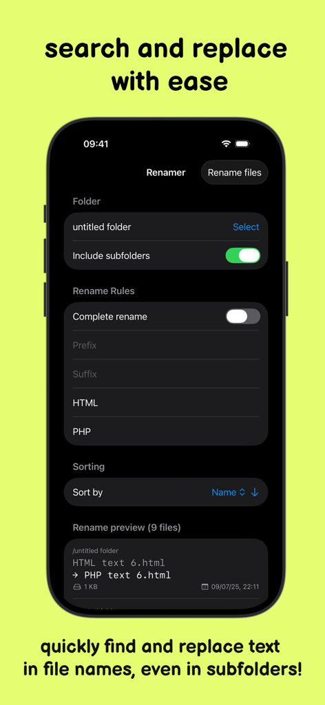 Interfaccia dell'app Renamer che mostra le regole di ricerca e sostituzione per la gestione dei file in batch