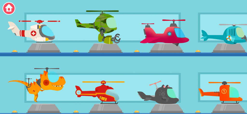 Selection menu with multiple colorful and themed helicopters for kids to pilot in a rescue game