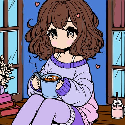 cute anime girl reading book and drinking hot chocolate from mug with loose wavy hair wearing a baggy sweatshirt and shorts sitting by windowsill looking out