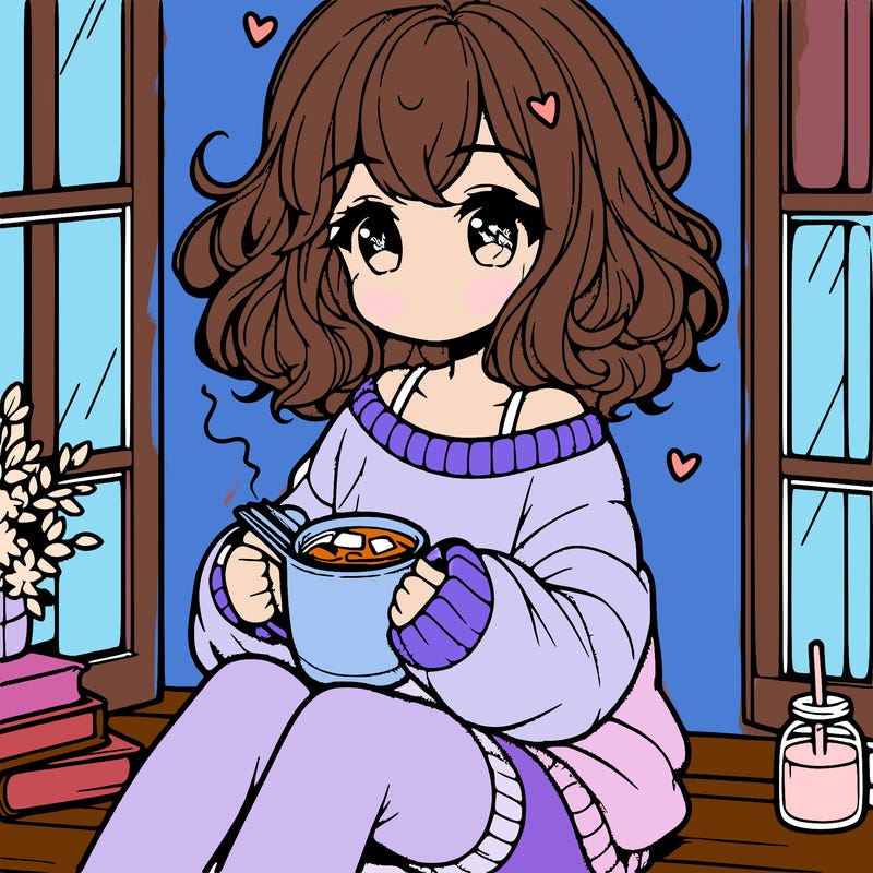 cute anime girl reading book and drinking hot chocolate from mug with loose wavy hair wearing a baggy sweatshirt and shorts sitting by windowsill looking out