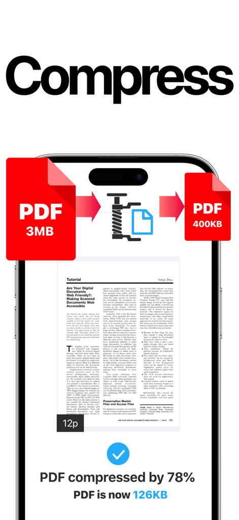 TapScanner mobile app interface demonstrating how to compress PDF documents to reduce file size.
