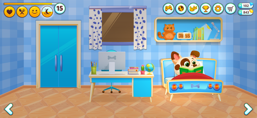 Duddu - My Virtual Pet Dog - Duddu, o cão de estimação virtual, lendo um livro na cama em seu quarto com tema azul