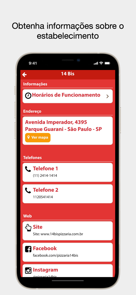 Tela de informações de contato e localização da 14 Bis Pizzaria mostrando endereço, números de telefone e links de redes sociais