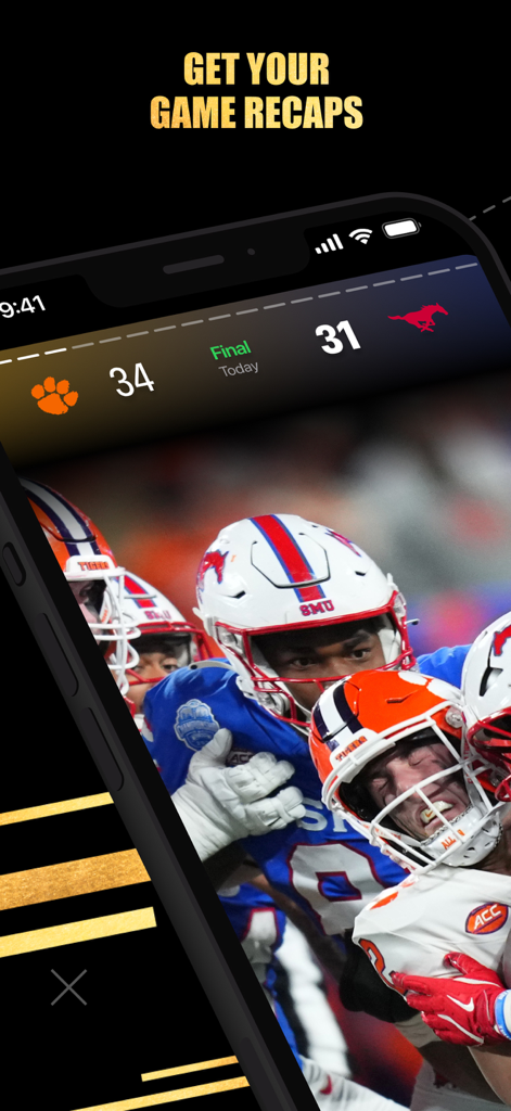 A mobile screen showing a college football game recap with final scores and player highlights