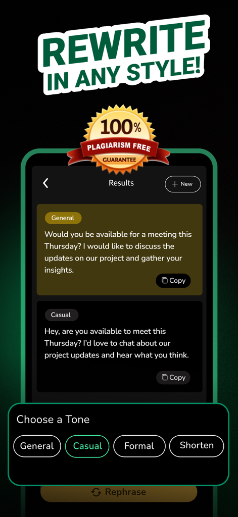 Paraphrase AI 앱 화면에 표절 없는 보장으로 일반 및 캐주얼과 같은 다른 스타일로 텍스트를 다시 작성하는 옵션이 표시됩니다.