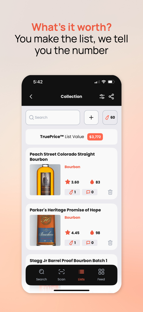 Distiller - Liquor Reviews - Tela do celular mostrando a interface de coleção do aplicativo Distiller com avaliação TruePrice para uma lista de garrafas de bourbon.