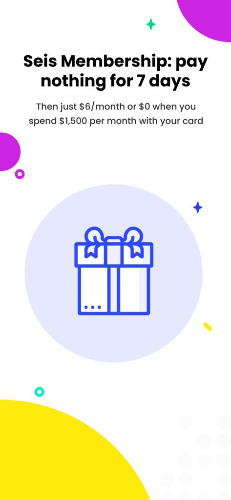 Seis: Cash Advance - Pantalla de promoción de membresía de la app Seis que ofrece una prueba gratuita de 7 días y detalles sobre los precios mensuales.