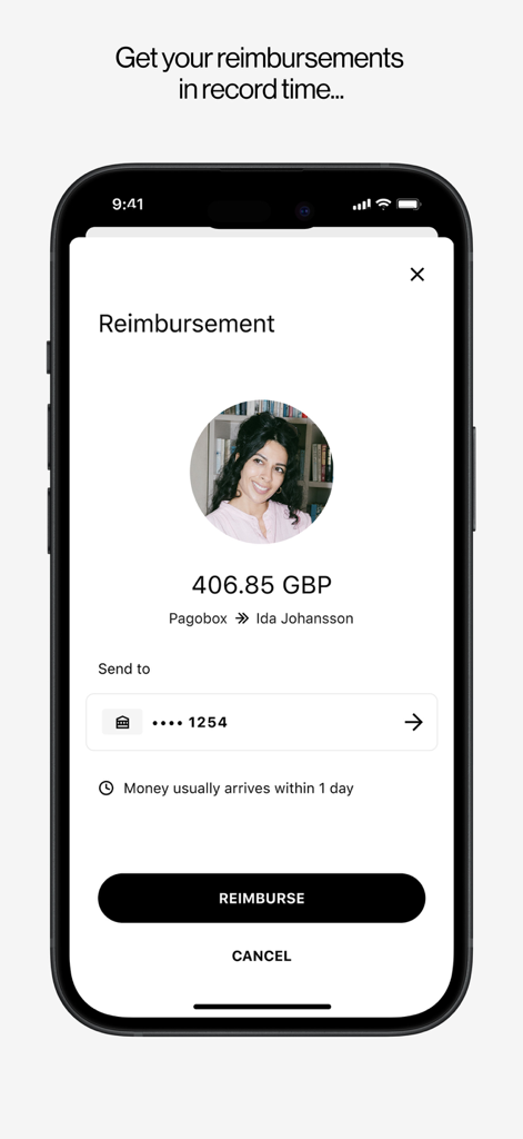 Pleo - Mobile app interface showing a business expense reimbursement request of 406.85 GBP with an instant reimburse button.