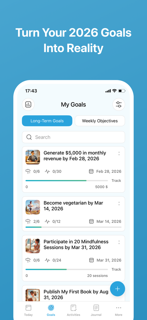 Daily Goal Tracker & Organizer - iPhone interface showing a long term goals list with progress bars for revenue, diet, mindfulness, and publishing a book