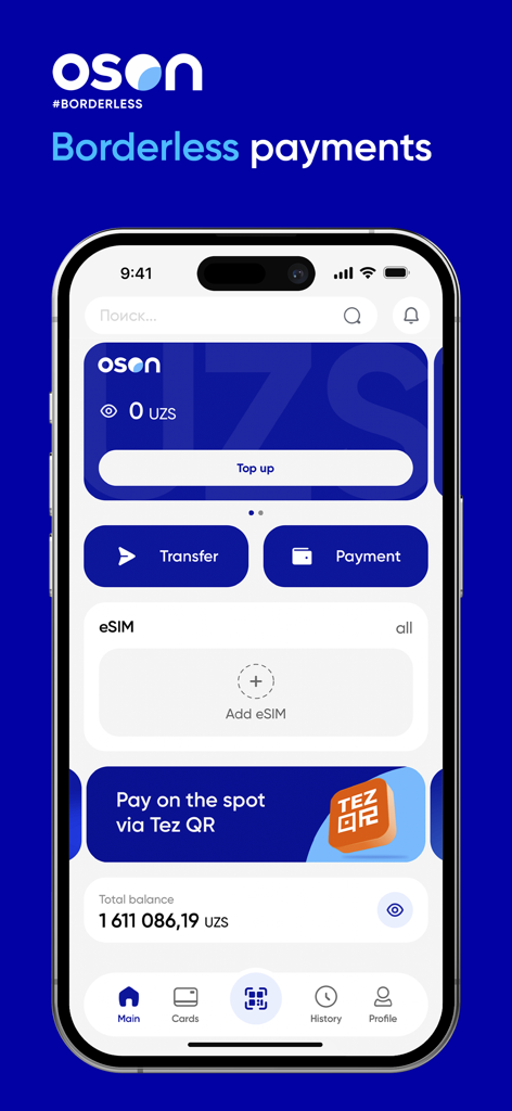 OSON mobile app main screen showing borderless payments dashboard with transfer and payment options