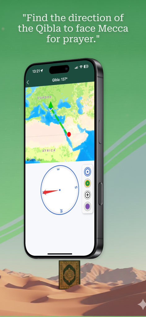 A precise Qibla compass and map showing the direction to Mecca on an iPhone