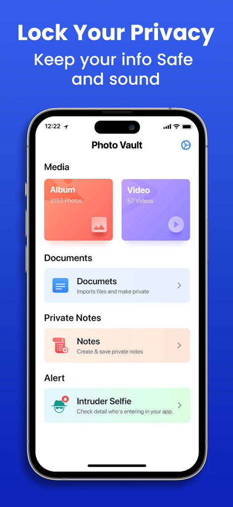 Secret Photo Vault app dashboard showing categories for media documents and private notes