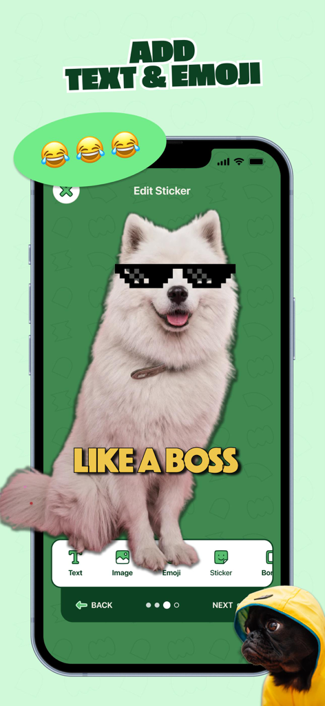 Un écran de mobile montrant l'interface de l'application WhatSticker où un autocollant de chien blanc est personnalisé avec des lunettes de soleil en pixels et le texte LIKE A BOSS.