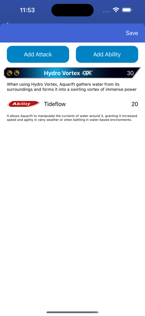 PokeCards TCG Card Maker Live - Interface for editing custom card attacks and abilities
