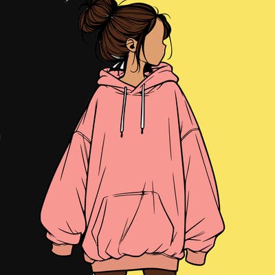 realistic girl with a oversized sweatshirt on and a bun