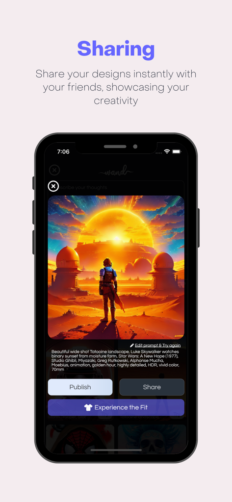 Wand AI Magical Art Generator - Smartphone screen showing Wand AI app sharing feature with a generated desert landscape art and options to publish or share