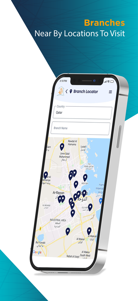 ALDAR FOR EXCHANGE WORKS - Aldar Exchange app screen displaying a map with branch locations in Qatar.