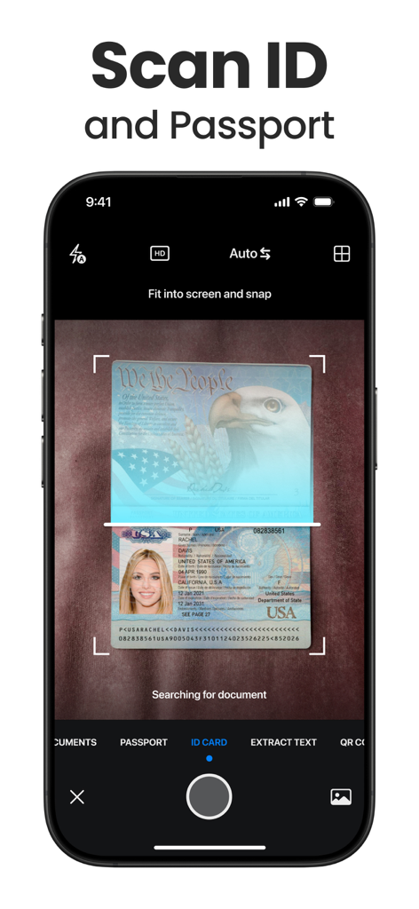 Scanner App - Scan PDF & Docs - Scanner AppのIDおよびパスポートスキャン機能を示すスマートフォンのインターフェース