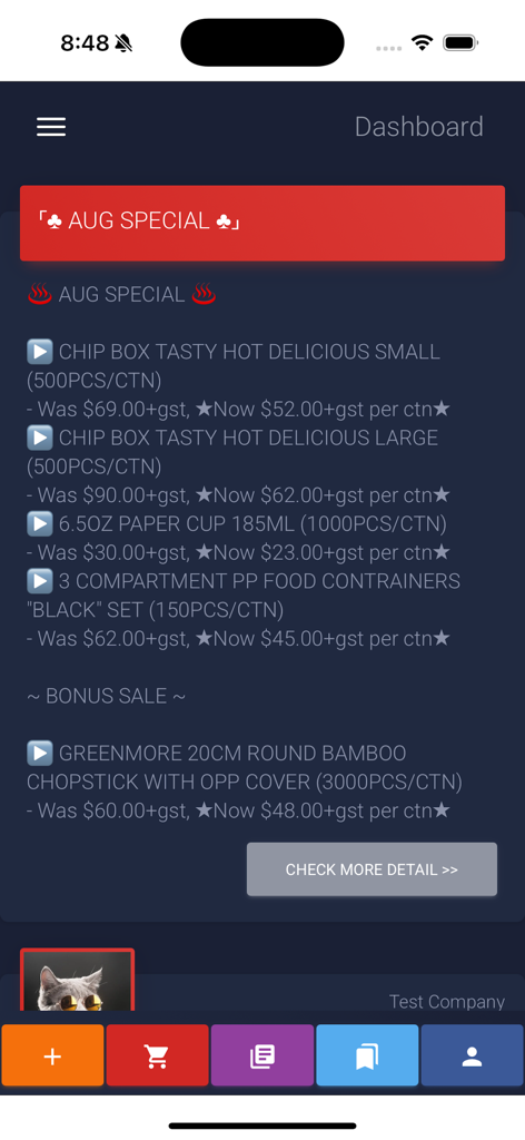 Qpack - Qpack app dashboard displaying monthly discounts on wholesale food containers and packaging