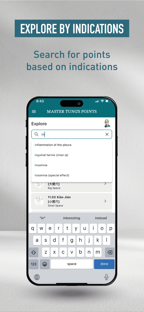 Master Tung's points - Searching for acupuncture points by medical indications like insomnia and hernia in the Master Tung's points app.