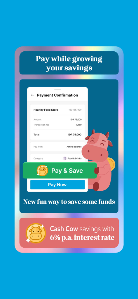 Jenius mobile app interface showing the Cash Cow savings feature with a payment confirmation screen and six percent interest rate offer