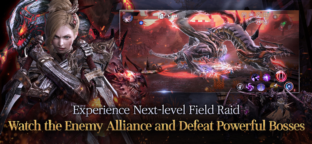 TALION - Talion mobile MMORPG gameplay showing a massive dragon boss battle in a field raid