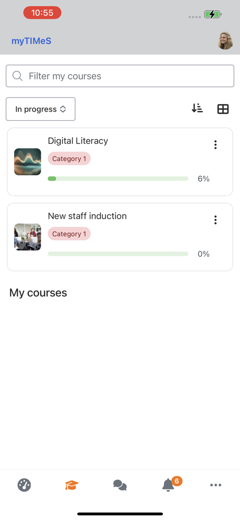 Taylor's myTIMeS Mobile - Course list screen in the Taylors myTIMeS Mobile app displaying enrolled courses and progress bars