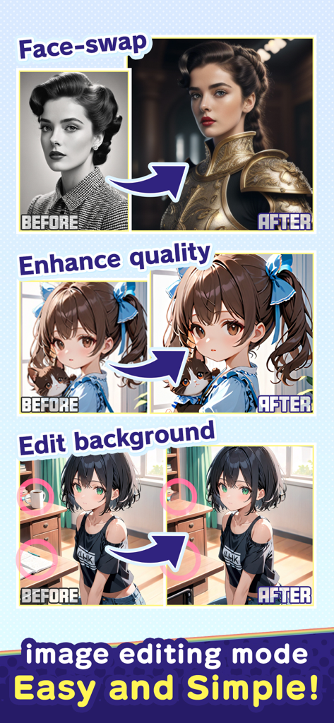 Dobby Canvas - Dobby Canvas app interface showcasing AI face swap, quality enhancement, and background editing features for anime and realistic art.