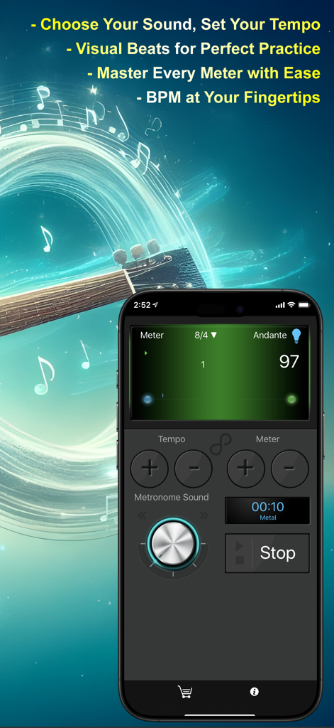 Interfaccia dell'app Metronomo Infinity su iPhone con controlli di tempo e metro