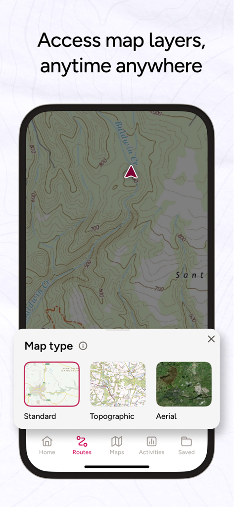 OS Maps: Walk, Hike, Run, Bike - Interfaz de la aplicación OS Maps mostrando un mapa topográfico y un menú de selección para capas de mapas estándar, topográficas y aéreas.