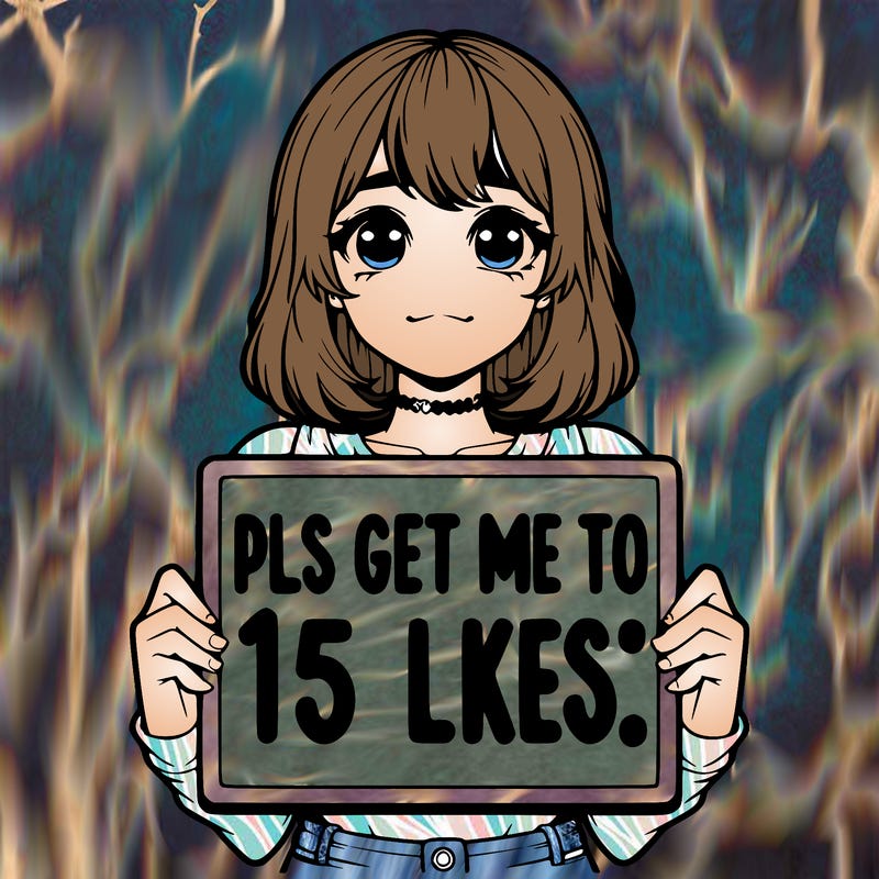 realistic girl holding up a sign that says “pls get me to 15 likes!”