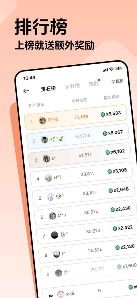 A screenshot of the Walking Planet app showing the gem leaderboard with user rankings and rewards for top performers.