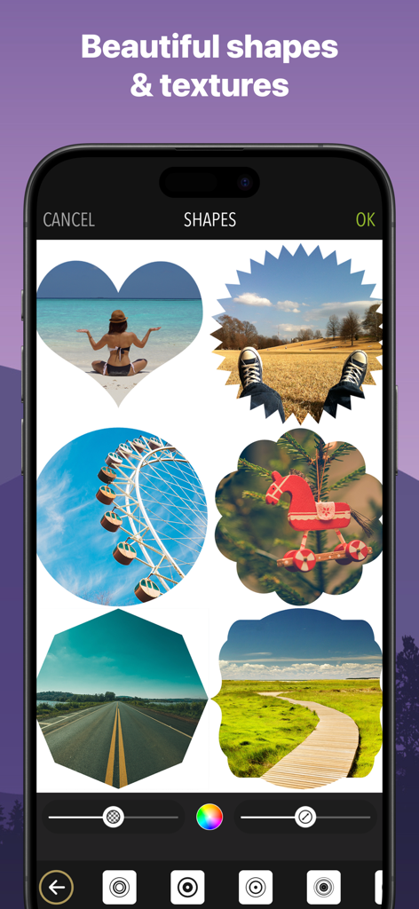 PicPoc - Photo Editor AI - A showcase of different photo shapes including heart circle and star frames within the PicPoc app