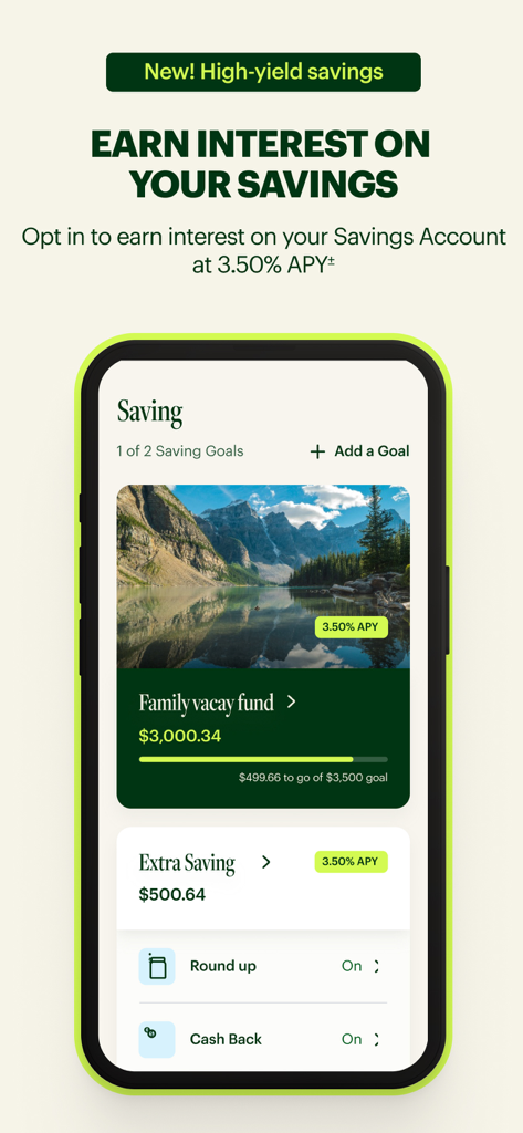 Spruce mobile banking app screen showing high-yield savings goals and interest rates
