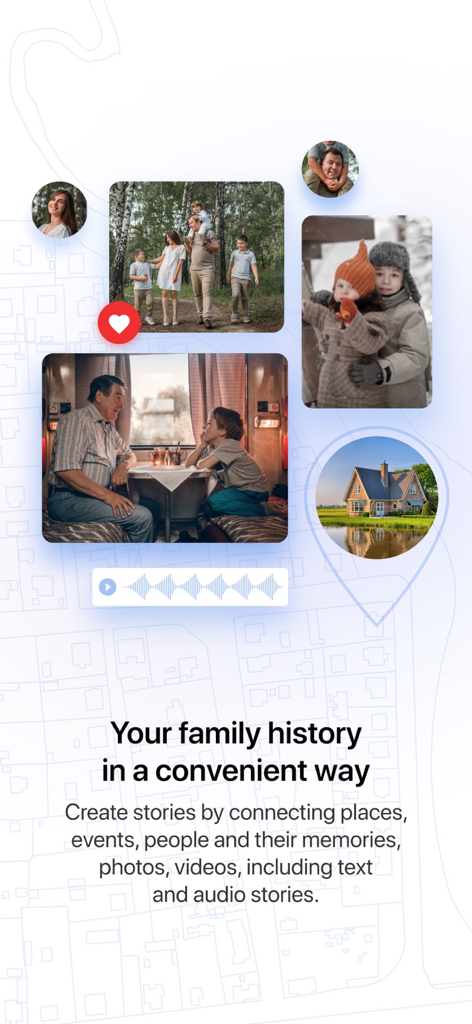 Family Legends - Family Legends app screen showing a collage of family photos and audio stories