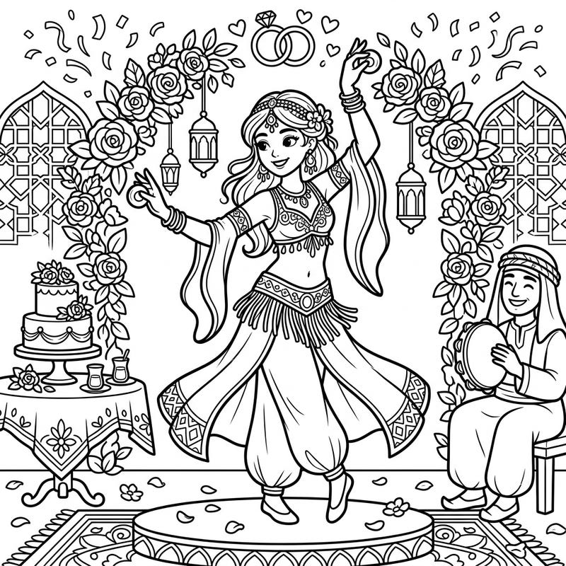Experience the vibrant energy of a wedding celebration featuring a captivating belly dance performance. This charming coloring page is perfect for those who love intricate designs and festive scenes.