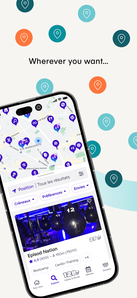 Wellpass (Gymlib) - Wellpass app interface showing a map with various fitness studio icons and a boutique gym search result