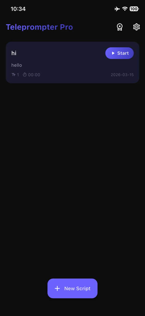 Teleprompter pro-video script - Panel principal de la aplicación Teleprompter Pro que muestra una lista de guiones y un botón para crear un nuevo guion