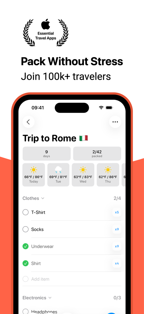 Packing List – Pack, Repeat - Interfaz de la aplicación Lista de Equipaje mostrando un viaje a Roma con pronóstico meteorológico diario y una lista de verificación de ropa.