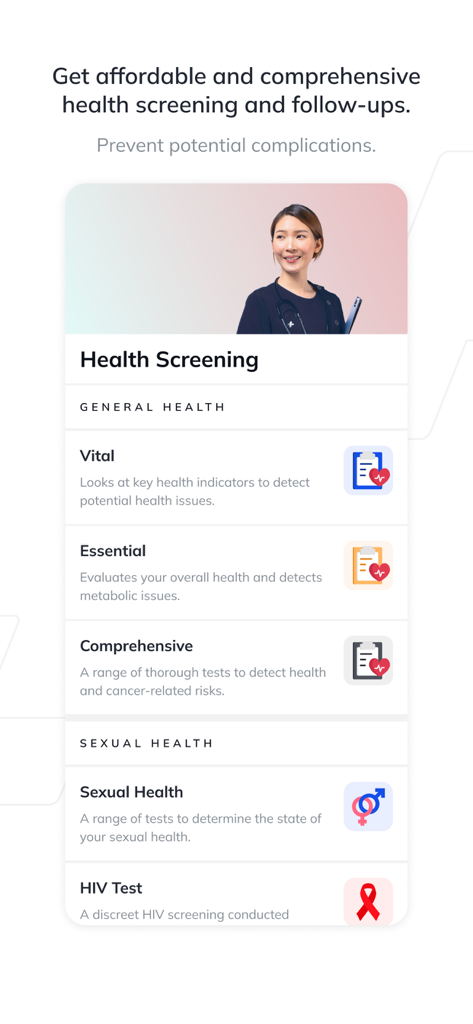 Speedoc: Virtual Hospital - Interfaz de la aplicación Speedoc que muestra opciones de exámenes médicos que incluyen pruebas esenciales y completas de signos vitales