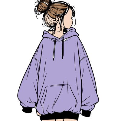 realistic girl with a oversized sweatshirt on and a bun