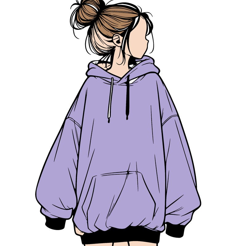 realistic girl with a oversized sweatshirt on and a bun