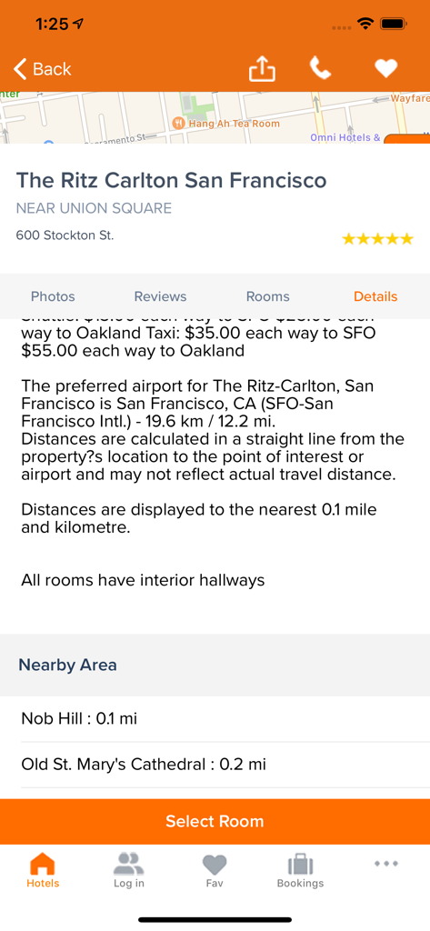 Hotel Planner - Tonight Deals - 샌프란시스코 리츠 칼튼 호텔의 인근 랜드마크까지의 거리 및 공항 교통편 정보를 보여주는 호텔 상세 정보 화면