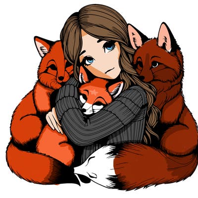 realistic, looking girl hugging, foxes