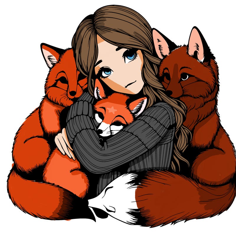 realistic, looking girl hugging, foxes