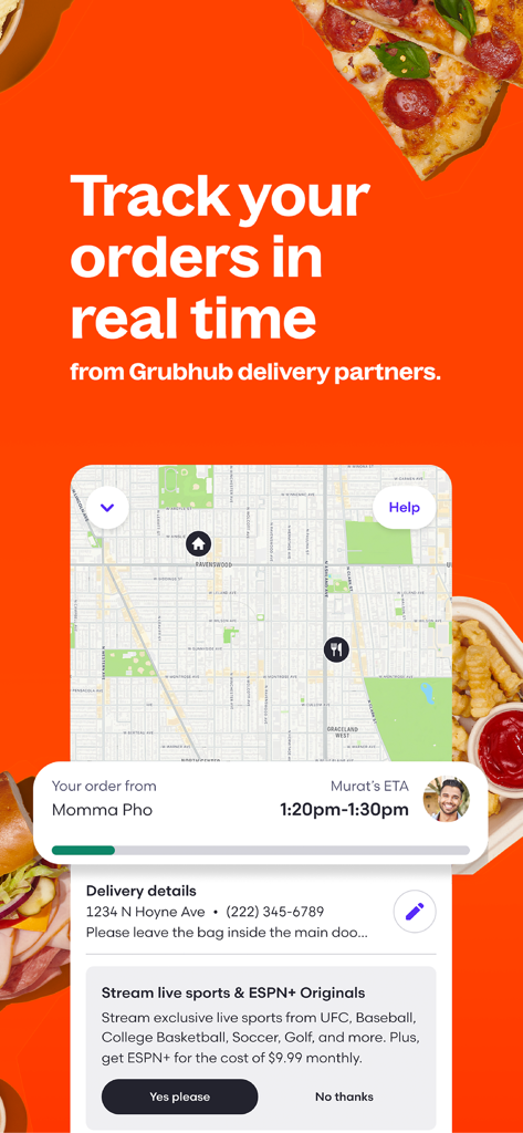 Interfaz de la aplicación móvil Grubhub que muestra el estado de entrega en tiempo real y la ubicación del pedido en un mapa