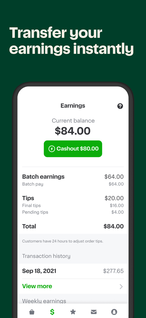 Instacart Shopper app interface showing current balance and an instant cashout button for shopper earnings